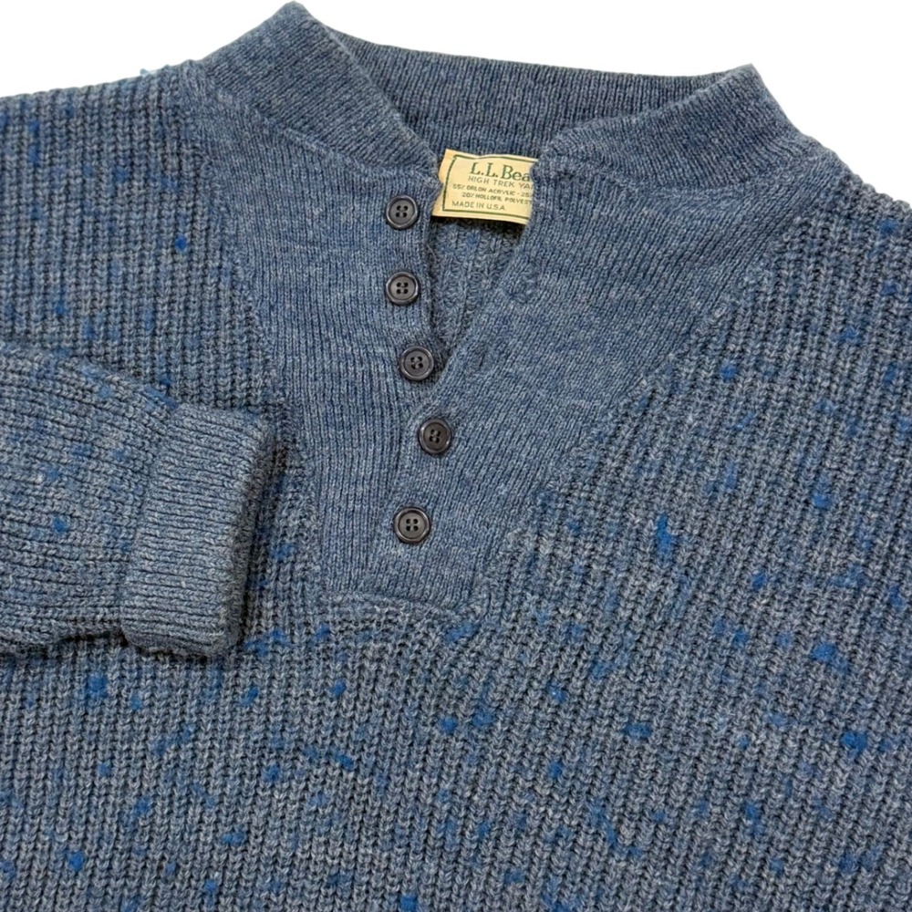 Vintage LL Bean Sweater High Trek Yarn Henley Heather Blue Wool Blend Large USA